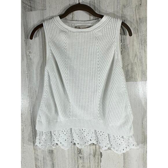 Loft Knit Sweater Tank Size Small (XS) Sleeveless White Eyelet Trim Cotton - Picture 1 of 8